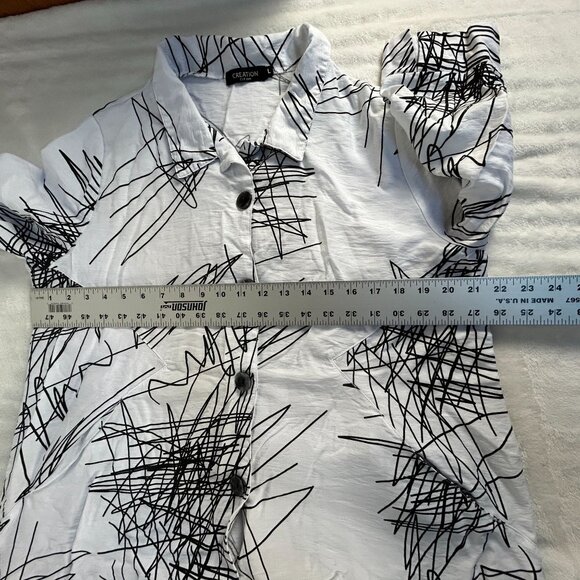 Creation Womens White & Black Abstract Print Button-Up Shirt Large 3/4 Sleeve - Picture 8 of 9